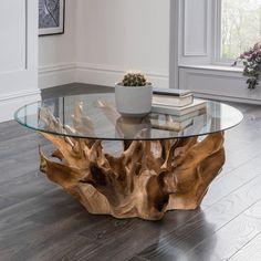 a wooden table with glass top in front of a potted plant on the floor