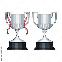 two silver trophies with ribbons on them, one is empty and the other has a red ribbon