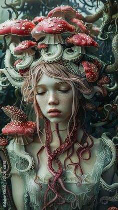 a woman with red mushrooms on her head is surrounded by tentacles and other things in the background