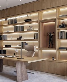 an office with wooden shelving and lighting