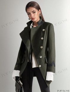 Poprose - Winter Cozy Asymmetrical Button Long Sleeve Hunter Green Coat with Pockets Fitted Dark Green Outerwear For Fall, Khaki Winter Blazer With Buttons, Green Double-breasted Blazer For Fall, Khaki Military Style Winter Blazer, Green Winter Blazer With Button Cuffs, Winter Green Blazer With Button Cuffs, Green Fall Blazer With Buttons, Fall Green Blazer With Buttons, Fall Military Style Green Blazer