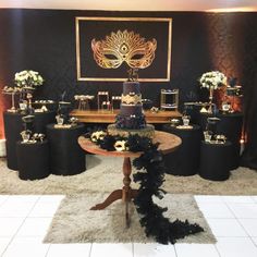 a black and gold themed party with lots of decorations