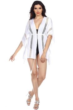 See-Through White Front Tie Beach Kaftan Kimono Cover-Up In Rayon - Hot Boho Resort & Swimwear Chic Cover-up For Resort Season Vacation, Beachy White V-neck Cover-up, Chic Summer Wrap Cover-up, V-neck Summer Cover-up For Spring, White Open Front Swimwear For Beach Cover-up, Open Front Summer Beach Dress Cover-up, White Wrap Cover-up For Beach Party, V-neck Summer Kaftan For Vacation, Beachwear Wrap Cover-up For Festival