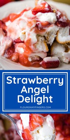 strawberry angel delight dessert is served on a white plate with a blue border around it