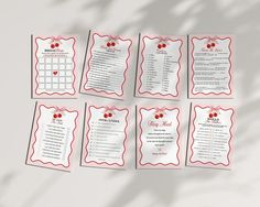 a set of eight cards with hearts and ribbons on them, all in red and white