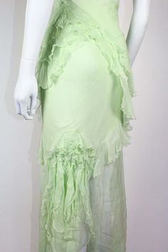 For Sale on 1stDibs - John Galliano silk dress in mint green, from the Fall/Winter 1995 'Delores' collection, a tribute to the Mexican actress Dolores del Rio. As seen on the Green Silk Dress, Green Silk Dresses, Mexican Actress, John Galliano, Green Silk, Silk Dress, Mint Green, Evening Dresses, Chiffon