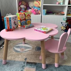 a child's table and chairs in a playroom with toys on the floor