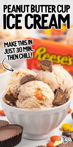 a bowl filled with ice cream next to candy