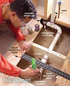 a man is working on plumbing in his kitchen sink with the words handyman above it