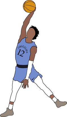 a drawing of a basketball player in the air with his hand up to the ball