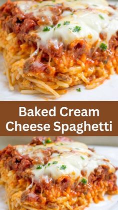 baked cream cheese spaghetti on a white plate with text overlay that reads baked cream cheese spaghetti