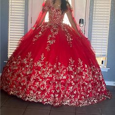 I Only Wore It Once,Corset Back,Petticoat Not Included Red And Gold Quince Dress, Red And Gold Quinceanera Dresses, Red And Gold Color Scheme, Red And Gold Quinceanera, Gold Quinceanera Dress, Gold Quince Dress, Red And Gold Quince, Quinceanera Dresses Gold, Gold Quince