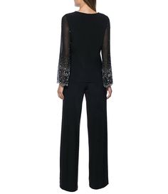 Marina Keyhole Rhinestone Neck Beaded Bell Long Sleeve Matte Jersey 2-Piece Pant Set | Dillard's Cocktail Pant Suits For Women, Dressy Pant Suits For Older Women, Pant Suits For Women Party, Dressy Pants Outfits For Wedding, Dressy Pants Outfits, Dressy Pant Suits, Beaded Bell, Dress Pants Outfits, Pant Suits For Women