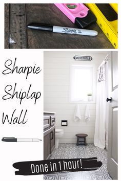 two photos with the words shape shiplap wall and one in hour written on it