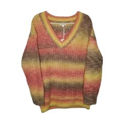 NWT Macaron Boutique Womens Sweater Ombre Stripes Wool Blend Size Small V-Neck New. Oversized. Multicolor V-neck Sweater For Layering, Striped Knit V-neck Sweater, Trendy Multicolor V-neck Sweater, Trendy Yellow V-neck Sweater, Fitted Striped V-neck Sweater, Current Aesthetic, Cozy Multicolor V-neck Sweater, Collage Elements, Womens Sweater