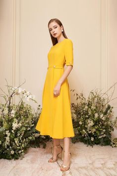 Adaline Fit and Flare Round Neck Cavalry Twill Midi Dress | MEAN BLVD Outfit Modest, Daffodil Yellow, Mean Blvd, Feminine Romantic, All Eyes, Gold Buttons, Yellow Dress, Xl Dress, S Models