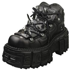 New Rock Shoes Black, New Rocks Shoes, Black Metal Fashion, New Rock Shoes, New Rocks, Shoes Wishlist, Punk Clothing, Shoe Wishlist