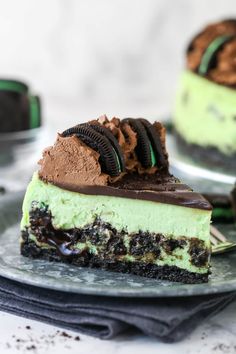 a slice of oreo mint chocolate cheesecake on a plate