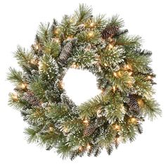 a christmas wreath with pine cones and lights