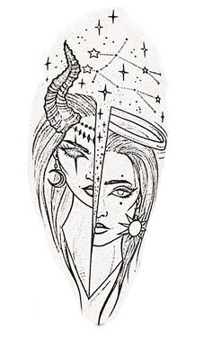 a drawing of two women facing each other with stars in the sky above their heads