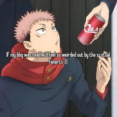 an anime character is holding a can of soda