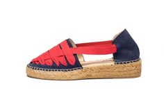 Classic Dali Blue Blue Leather Espadrilles With Rubber Sole, Casual Sandals With Red Sole And Flat Heel, Casual Sandals With Flat Heel And Red Sole, Casual Red Sandals With Woven Sole, Casual Sandals With Red Sole For Spring, Casual Sandals With Round Toe And Contrast Sole, Red Leather Espadrilles, Red Leather Casual Espadrilles, Casual Red Closed Toe Espadrilles