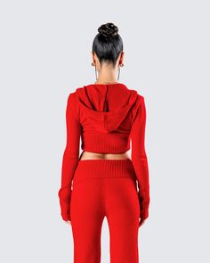 Bring some heat to your day in this red knit cropped jacket 🔥 Complete with a rib hem, zip front, and extended long sleeves - this jacket was made for all our firecrackers 😜 Red Winter Sweater For Loungewear, Solid Cropped Sweater For Winter, Trendy Red Crop Top For Winter, Winter Stretch Cropped Sweater With Ribbed Cuffs, Red Fitted Crop Top For Winter, Fitted Red Crop Top For Winter, Stretch Hooded Crop Top For Winter, Winter Cropped Tops With Ribbed Cuffs, Stretch Winter Cropped Sweater For Loungewear