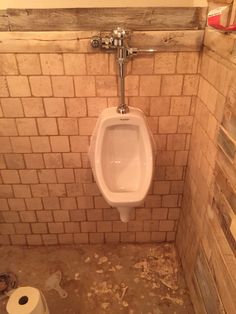 a white urinal in a bathroom next to a toilet paper dispenser