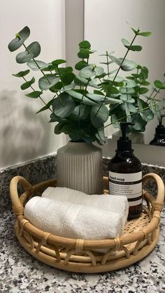 a bamboo basket with soap, lotion and a potted plant in it on a bathroom counter