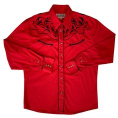 Starr Western Wear Heritage Collection Men’s Red and Black Embroidered Button Down Shirt Cowboy in size XL. Measures 24.5” pit to pit and 31” long. In good condition with some wear to bottom back of shirt as shown. Not visible if tucked in. Bin 1 Fitted Embroidered Red Shirt, Fitted Red Embroidered Shirt, Red Embroidered Long Sleeve Shirt, Birthday Stuff, Cowboy Outfits, Heritage Collection, Western Wear, Red And Black, Button Downs