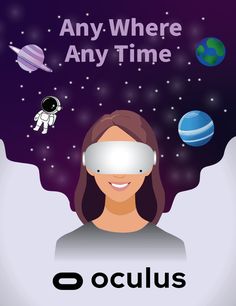 an image of a woman with blindfolds and planets in the background that says, any where any time occlus