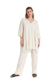 Oh My Gauze Carmen Blouse Bone Cream Linen Tops For Loungewear, Cream Linen Loungewear Tops, Cream Linen Tops For Daywear, Spring Cotton Gauze Top For Loungewear, Casual Beige V-neck Tunic, Spring Linen Tops With Crinkle Texture, Rayon V-neck Blouse For Loungewear, Linen Blouse With Crinkle Texture, V-neck Rayon Blouse For Loungewear