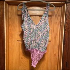 Free People Women's Blue Floral Bare It All Tank Bodysuit Size Small $68 New Cha Fitted Purple Bodysuit For Loungewear, Purple One-piece Bodysuit With Lined Body, Purple One-piece Lined Bodysuit, Fitted Purple Bodysuit For Spring, Tank Bodysuit, Purple Green, Green And Purple, Free People Tops, Blue Floral