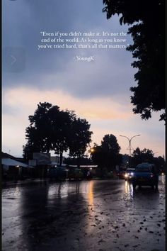 a car driving down a rain soaked street next to a tall tree with a poem written on it