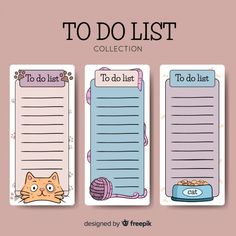 three to do list cards with cats and cat toys on the top one is blue, pink