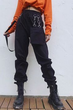 Pants With Chains, Punk Is Not Dead, Korean Fashion Grunge, Korean Fashion Pants, Cargo Pants With Pockets, Grunge Pants, Japanese Pants, Korean Fashion Black, Fashion Outfits Plus Size