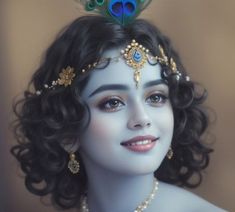 a close up of a woman with a peacock on her head and pearls in her hair