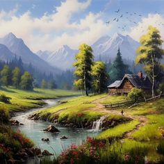 a painting of a cabin in the mountains with a stream running through it and birds flying overhead