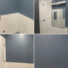 three pictures of a bathroom with blue walls and white tile on the wall, including a shower stall