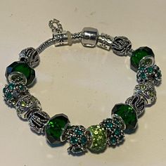 Green Beaded Women's Bracelet New!! Green Beads With Silver Details For Gifts, Green Silver Beads As A Gift, Silver Bracelets With Large Beads For Party, Elegant Green Bracelets With Silver Beads, Silver Bracelet With Large Beads For Party, Party Silver Bracelets With Large Beads, Silver Beaded Bracelets With Large Beads For Party, Adjustable Silver Crystal Bracelet With Large Beads, Silver Crystal Bracelet With Large Beads For Jewelry Making