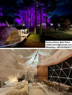 the inside and outside of a dome tent at night, with lights shining on it