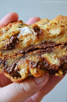 two chocolate chip cookies in the palm of someone's hand