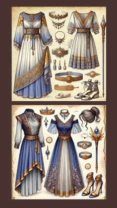 two pictures of different types of clothing and accessories in blue, white and gold colors