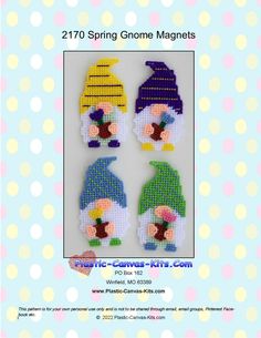 three little gnomes made out of plastic beads on a polka dot background with the words spring gnome magnets