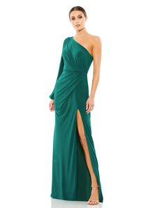 Ieena for Mac Duggal Jersey fabric (100% polyester) Fully lined through body One shoulder Single long puff sleeve Draped waistline Sweeping train Thigh-high slit Concealed back zipper  Approx. 62.5" from top of shoulder to bottom hem Available in Emerald Green and Red Style #67879 Bishop Sleeve Dress, Asymmetrical Maxi Dress, Shoulder Puff Sleeve, Slinky Dress, Mac Duggal Dresses, One Shoulder Gown, Column Gown, Bride Clothes, Mac Duggal