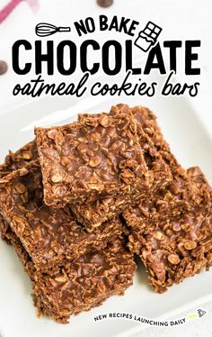 no bake chocolate oatmeal cookies bars on a white plate