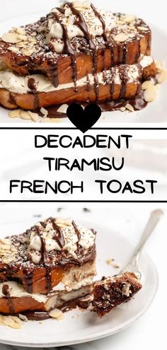 two pictures of desserts with chocolate and cream on top, one is french toast