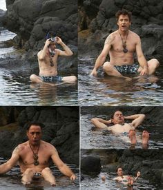 four pictures of a man in the water with his hands on his head and feet in the water