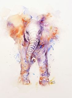 an elephant painted in watercolor on white paper