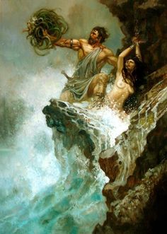 a painting of two people on a cliff above the ocean, one holding a spear